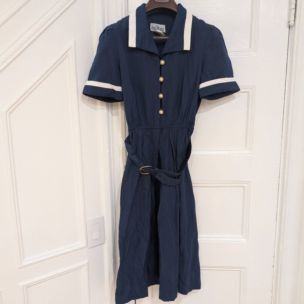 Peri Petites Women's Vintage 80s 90s Navy Blue Short Sleeve Size 12